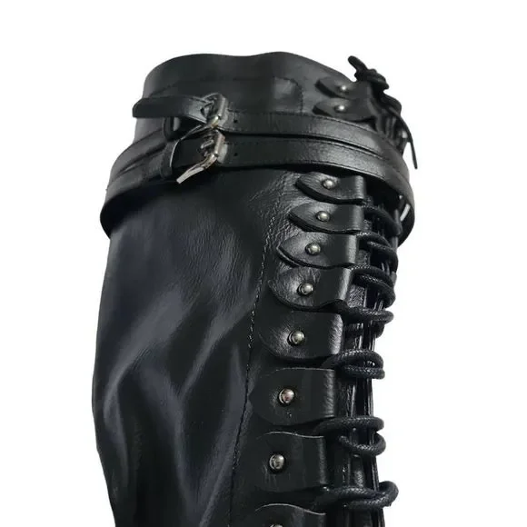 Illude Ladies Timberly Black Knee High Lace Up Buckle Military Boots - Size 7 - Picture 6 of 9